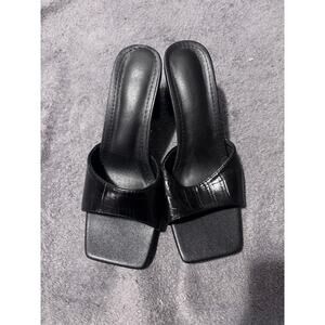 Womens Black Square Toe Slide Mules Size 39 Block Heel Faux Croc Strap Open Back